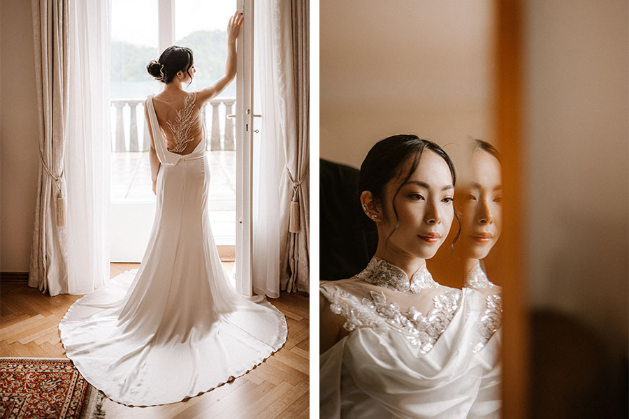 Two unique white wedding dresses on one bride from China.