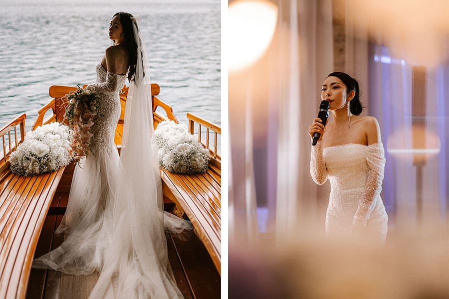 Amazing bride from China in two of the seven white lace wedding dresses on her wedding day in Vila Bled, Lake Bled.