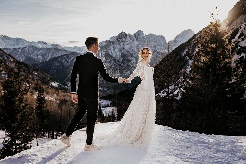 Bride and Groom at winter wedding in beautiful Slovenia