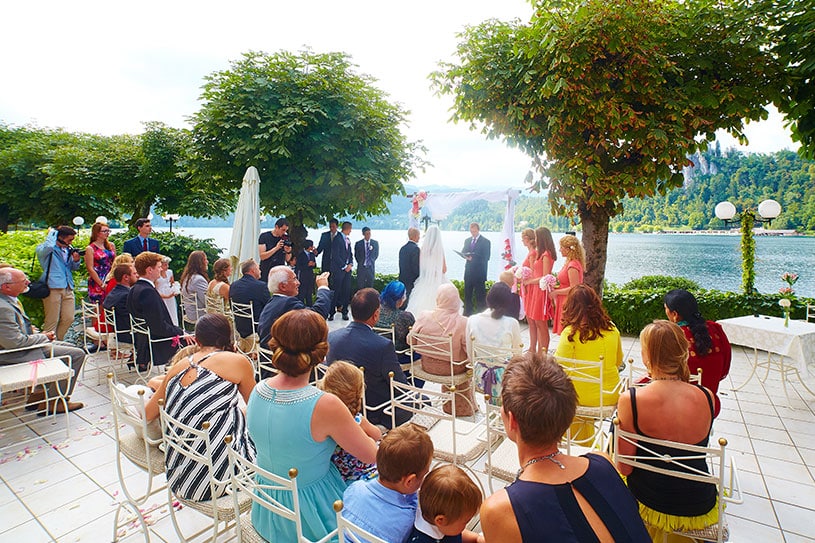 Outdoor civil wedding ceremony at Grand hotel Toplice Bled in Slovenia.