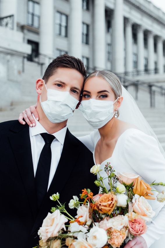 Beautiful couple with masks on their wedding day during epidemic COVID-19