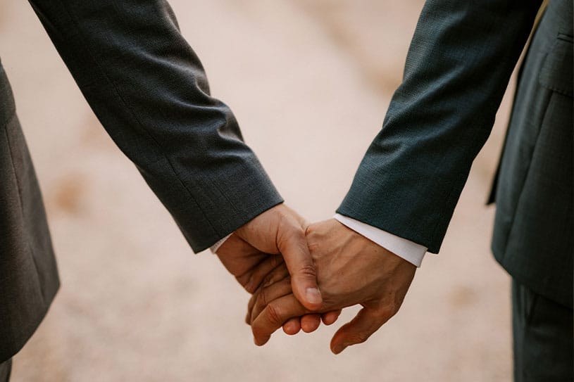 Gay couple holding hands on their wedding day in Slovenia.