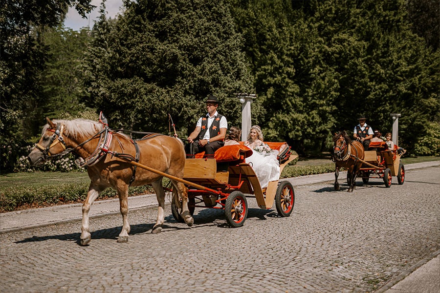 A horse carriage with a Bride and maid of honor drives on a vila Bled (Lake Bled, Slovenia) driveway.