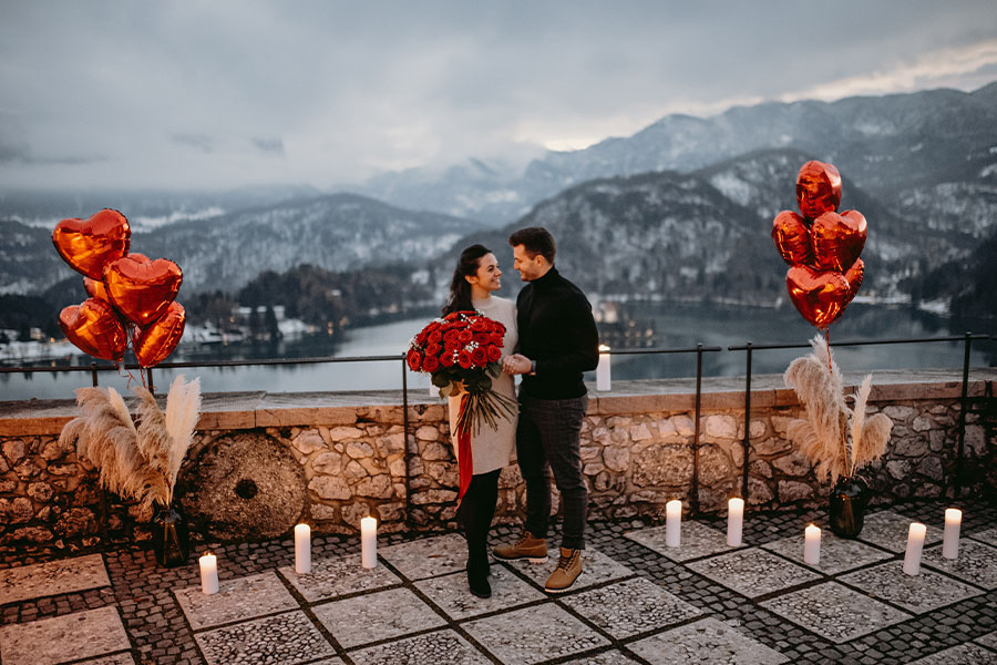 Romantic proposal at Lake Bled in Slovenia