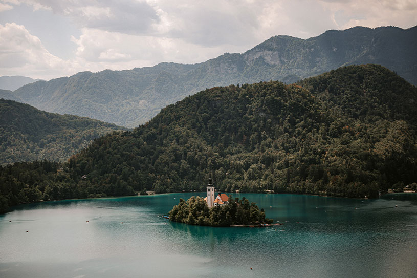 View on a Lake Bled Island from the Lake Bled Castle.