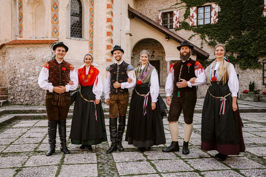 Slovenian folk dancing group at Bled Castle.