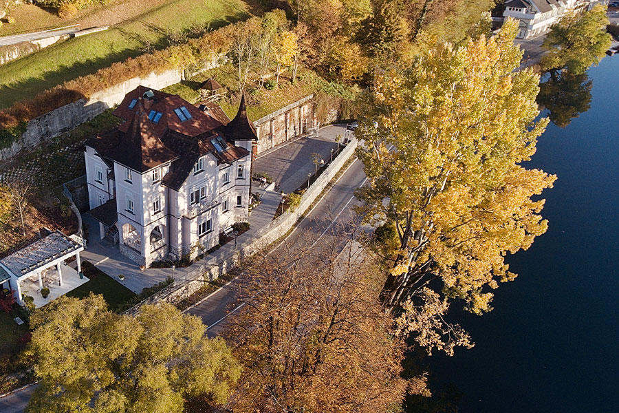 View on a villa Adora in lake Bled from air.